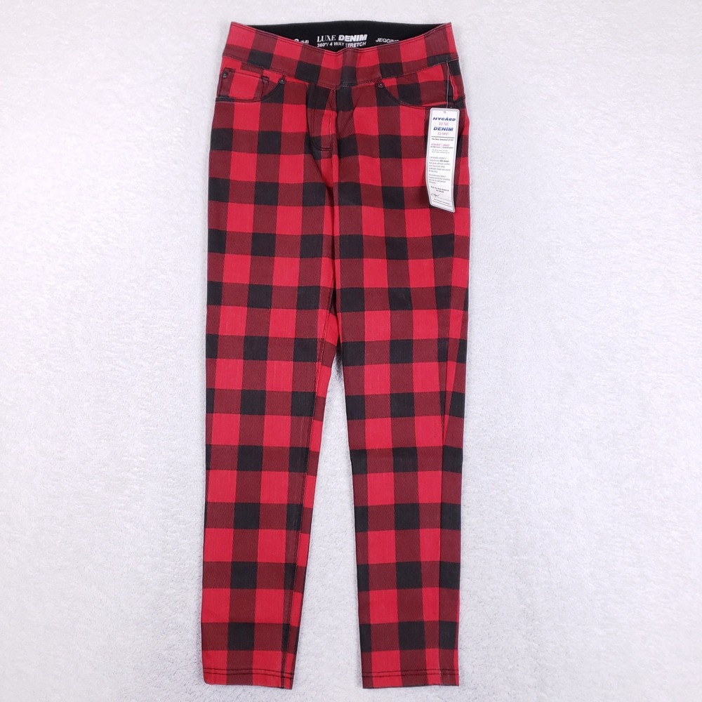 Nygard Luxe Denim Jeggings Womens S Red Black Buffalo Plaid Stretch Skinny Slim